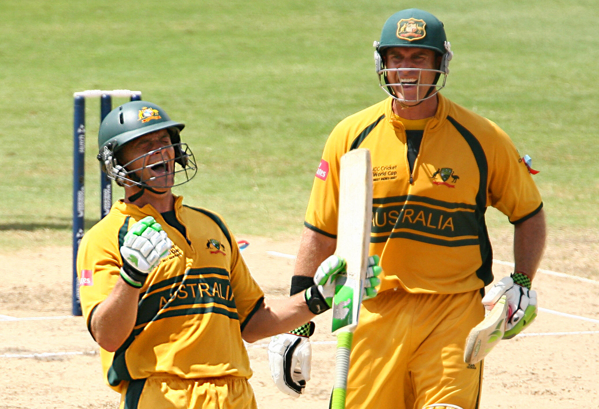 Adam Gilchrist celebrates his century in the 2007 Cricket World Cup final
