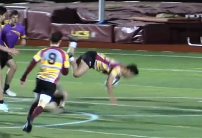 Player sent front-flipping after legs chopped... still scores try!