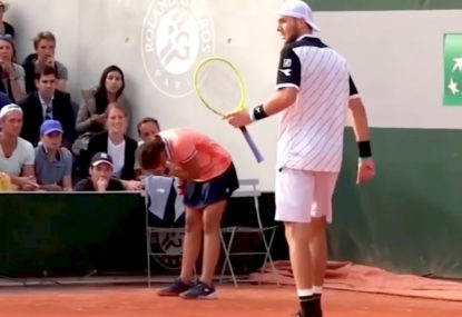Tennis player consoles ball girl after hitting her in the face with serve
