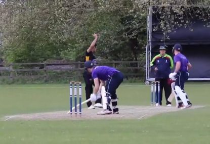 Uncertain umpire abandons the trigger halfway up but batsman walks anyway