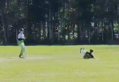 Bowler sensationally hits the stumps side-on after diving stop