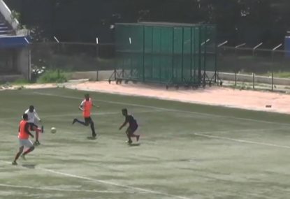 Goalie inadvertently saves a certain goal by copping a classic falcon