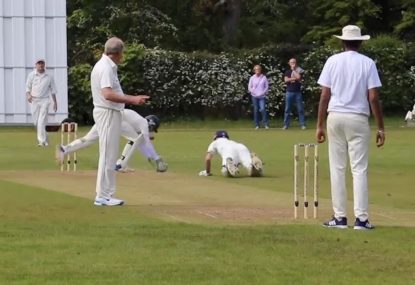 Pie thrower and air swinger combine for pure village cricket moment