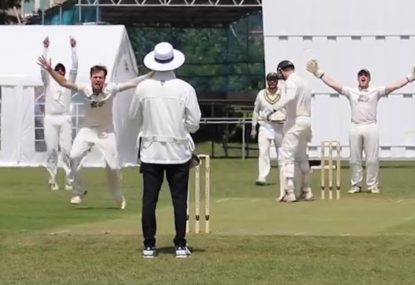 Batsman tries and fails at acting innocent after plum LBW