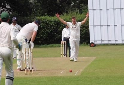 Devastated batsman watches inside edge dribble off his pad onto the stumps