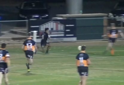Quick-thinking winger slides under fullback to steal the try