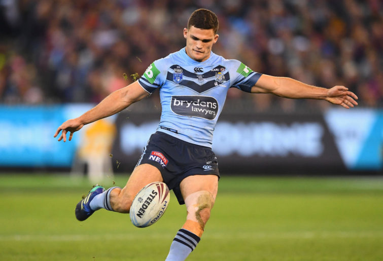 Nathan Cleary kicks for the Blues during State of Origin