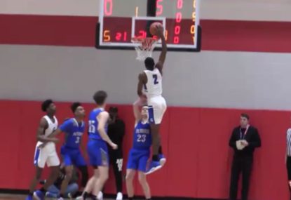Young basketballer pumped up after sending down savage dunk