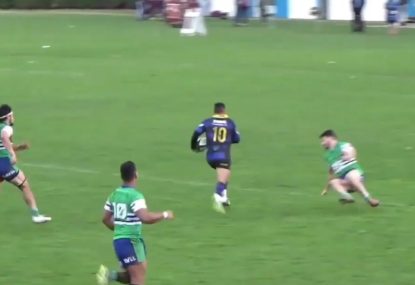Fly-half steps on the gas and shatters the fullback's ankles
