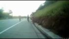 Cyclist flips after hitting a piece of steel