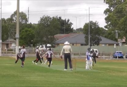 Young bowler's wild celebration after dismissing batsman with rank full bunger