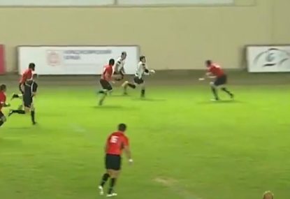 Fullback shrugs away from pack of defenders to dish up juicy meat pie
