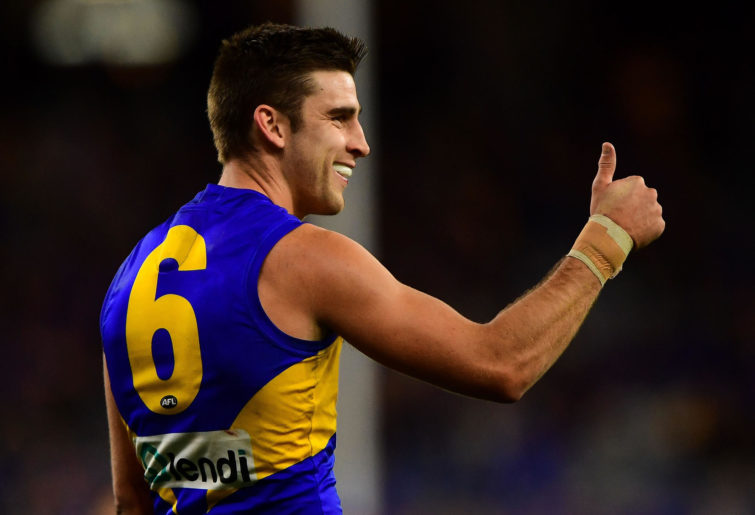 Elliot Yeo of the Eagles gives the thumbs up for a goal