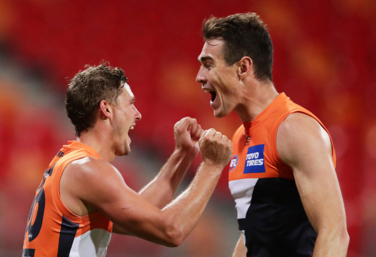 Harry Perryman of the Giants (L) celebrates with Jeremy Cameron (R)