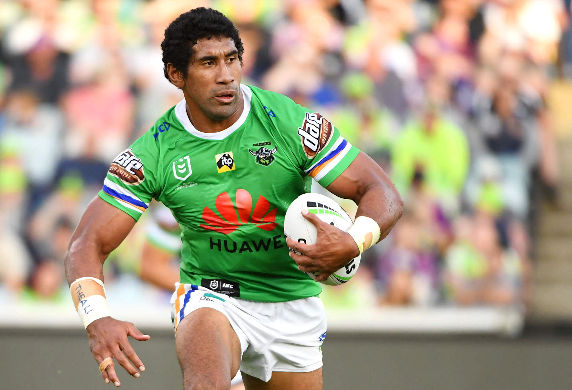 Sia Soliola runs the ball for the Canberra Raiders