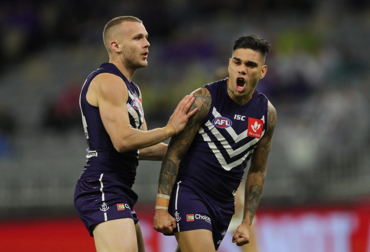 Michael Walters of the Dockers reacts after missing a shot on goal
