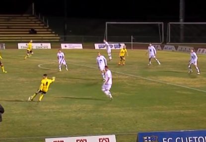 Unlikely goal tripping backwards stumps the keeper
