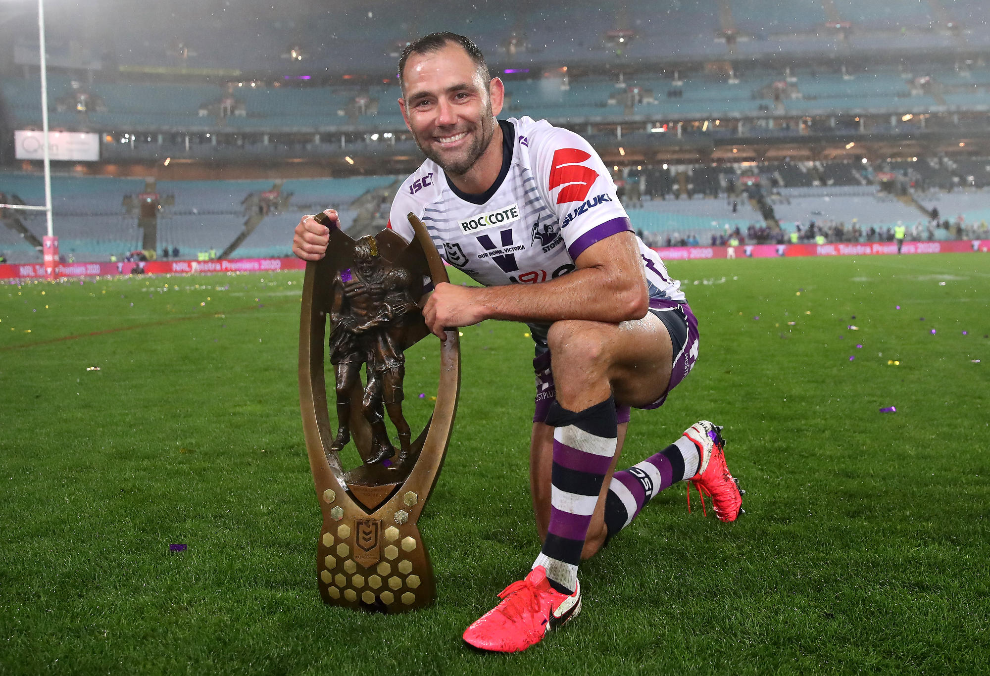 Cameron Smith of the Storm poses with the Premiership trophy