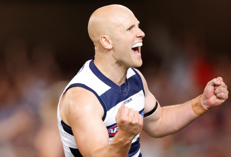 Gary Ablett of the Cats celebrates a goal