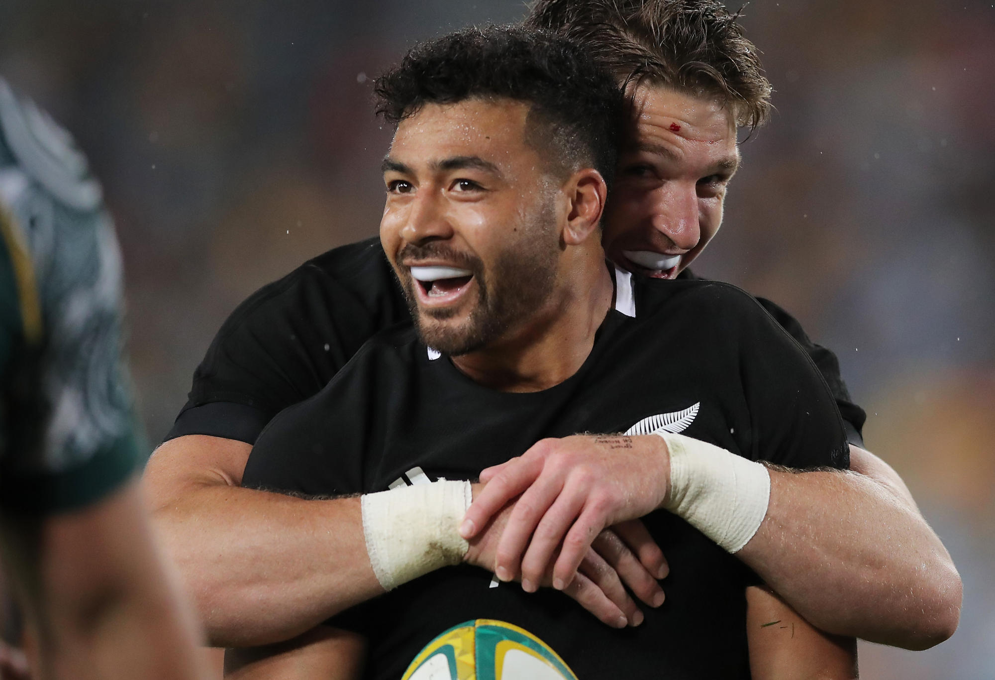 Richie Mo'unga of the All Blacks celebrates scoring a try during the 2020 Tri-Nations and Bledisloe Cup match