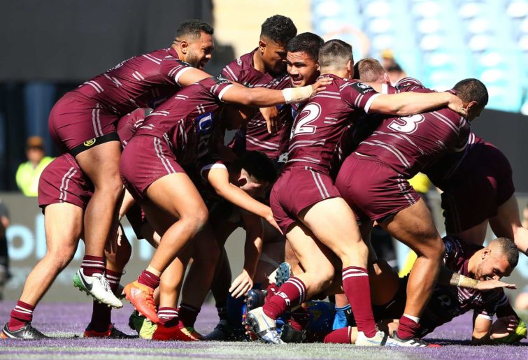 The Sea Eagles celebrate the try scored by Keith Titmuss