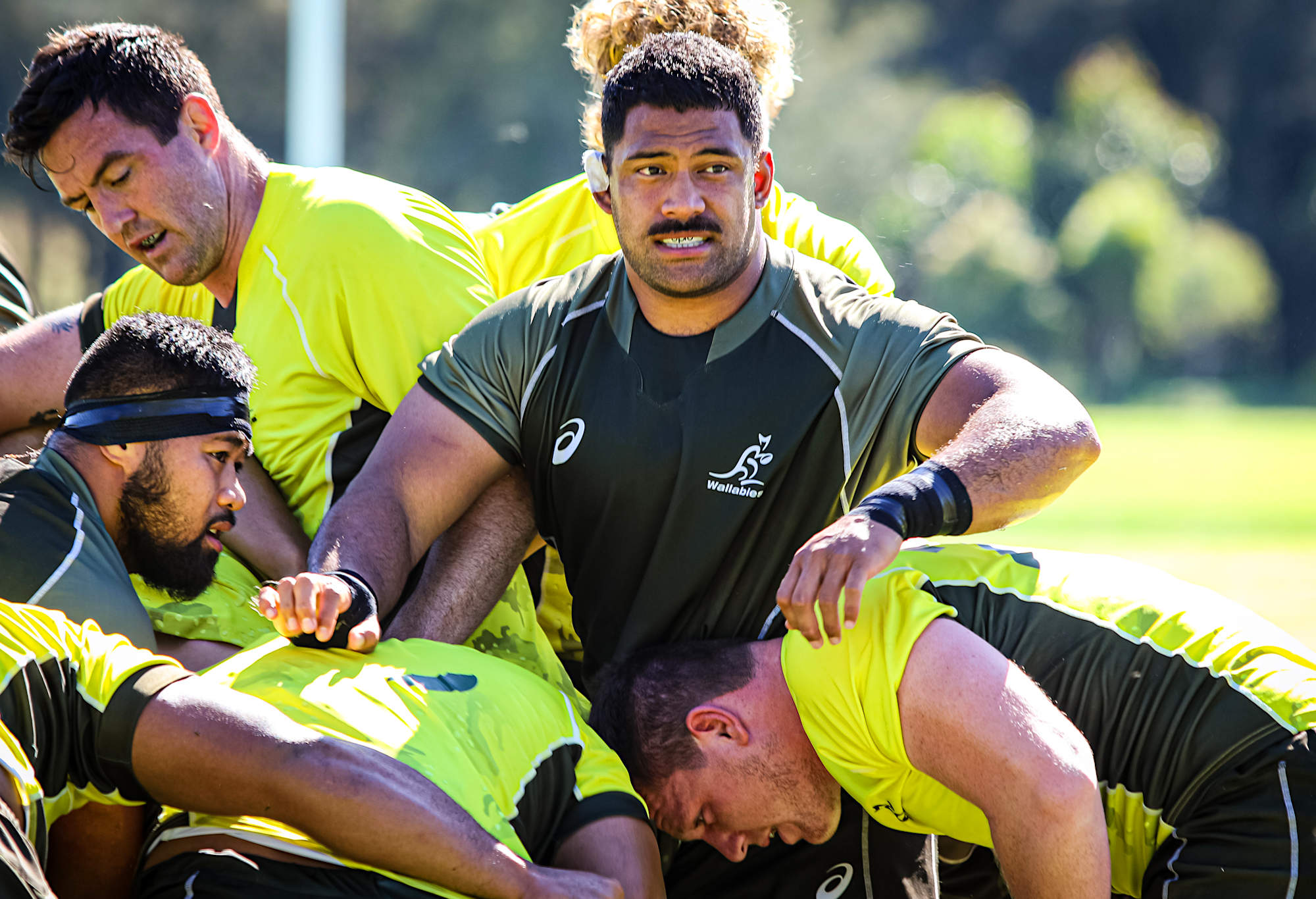 Scott Sio of the Wallabies in a pack at training