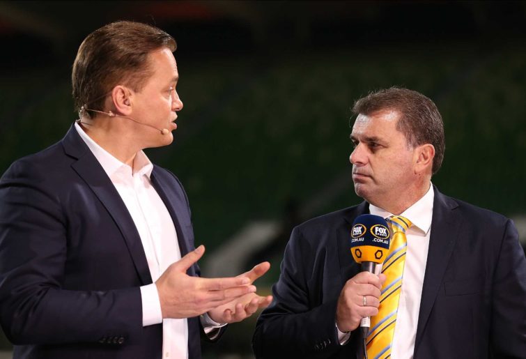 Ange Postecoglou, former head coach of Australia talks with Mark Bosnich