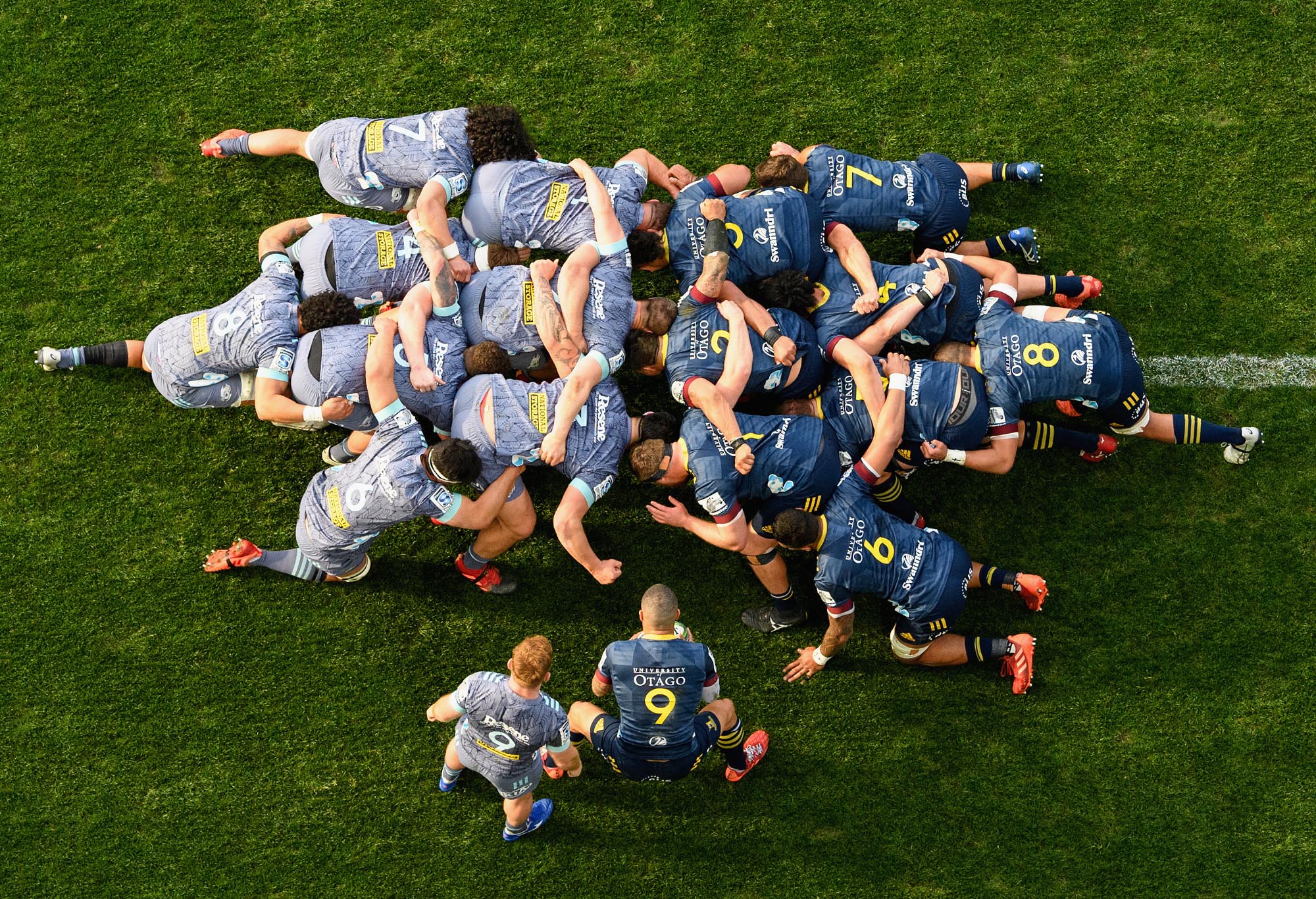 General view as Jamie Booth of the Hurricanes looks to feed the scrum
