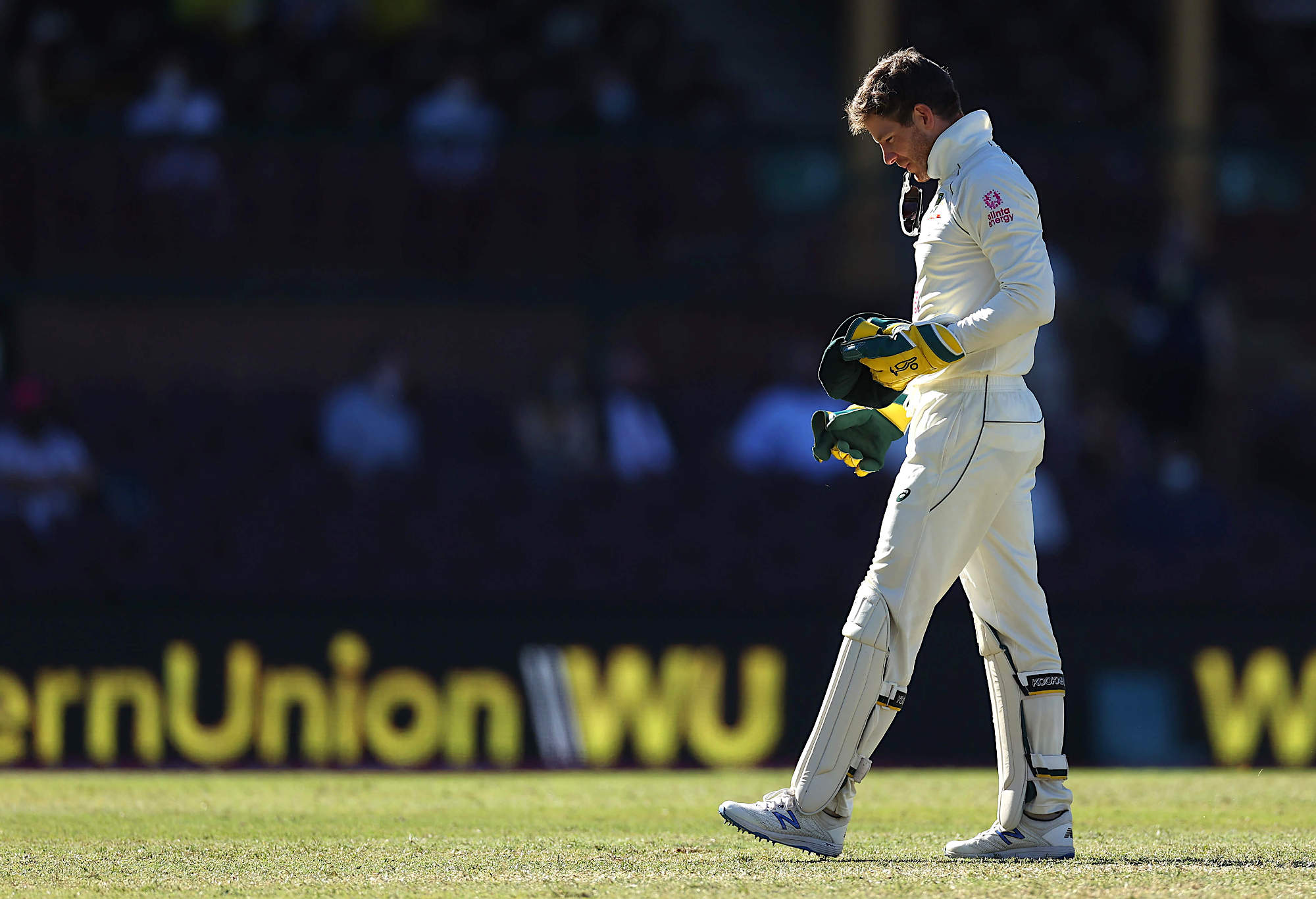 Tim Paine of Australia reacts after dropping a catch