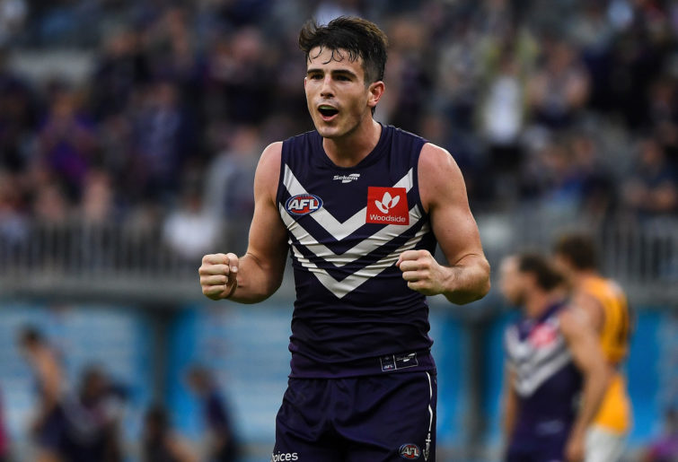 Andrew Brayshaw of the Dockers celebrates the win on the final siren