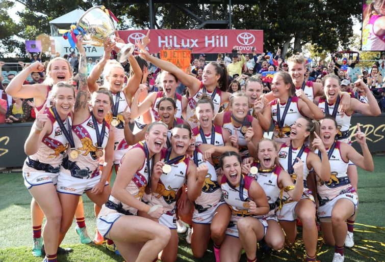 The Lions celebrate the win during the 2021 AFLW Grand Final