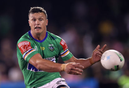Jack Wighton of the Raiders offloads the ball