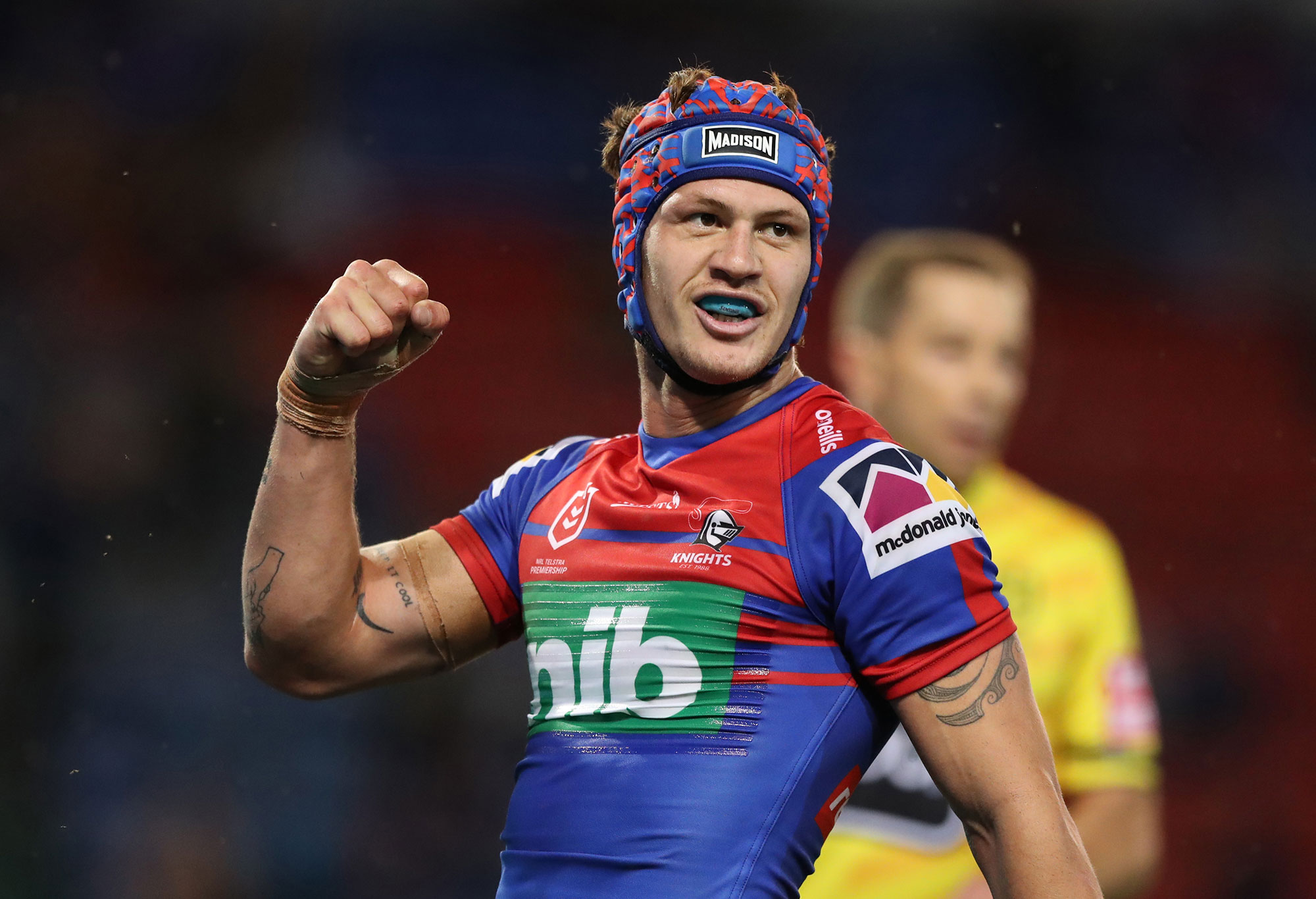 Kalyn Ponga of the Newcastle Knights scores a try