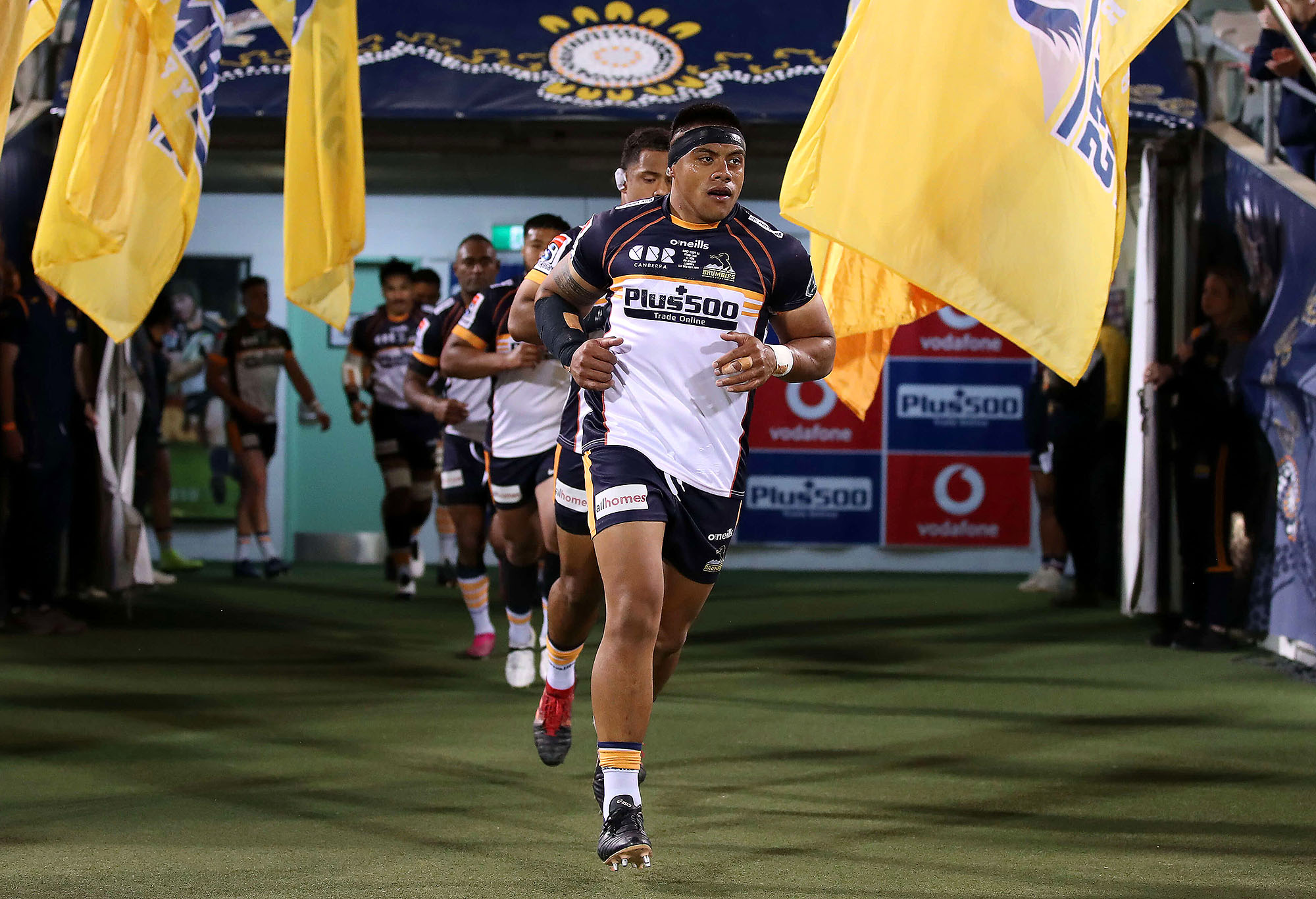 Allan Alaalatoa of the Brumbies leads out players