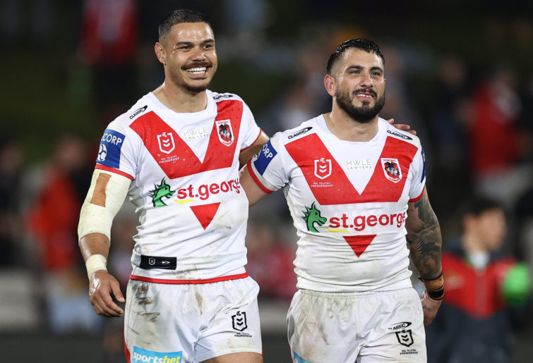 Brayden Wiliame and Jack Bird of the Dragons celebrate after the Dragons defeated the Broncos.
