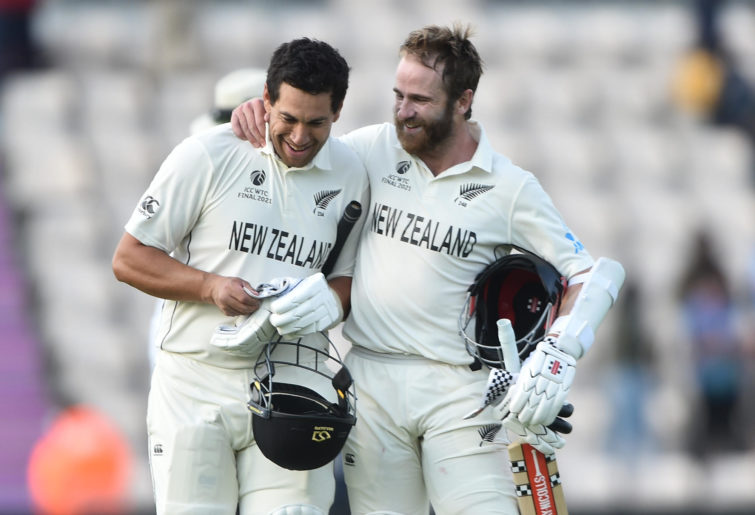 Ross Taylor and Kane Williamson of New Zealand celebrate