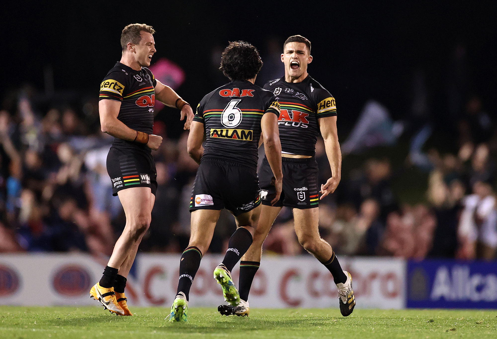 Nathan Cleary of the Panthers celebrates kicking a field goal