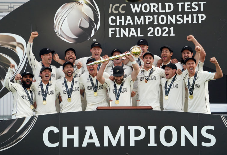 New Zealand captain Kane Williamson lifts the trophy