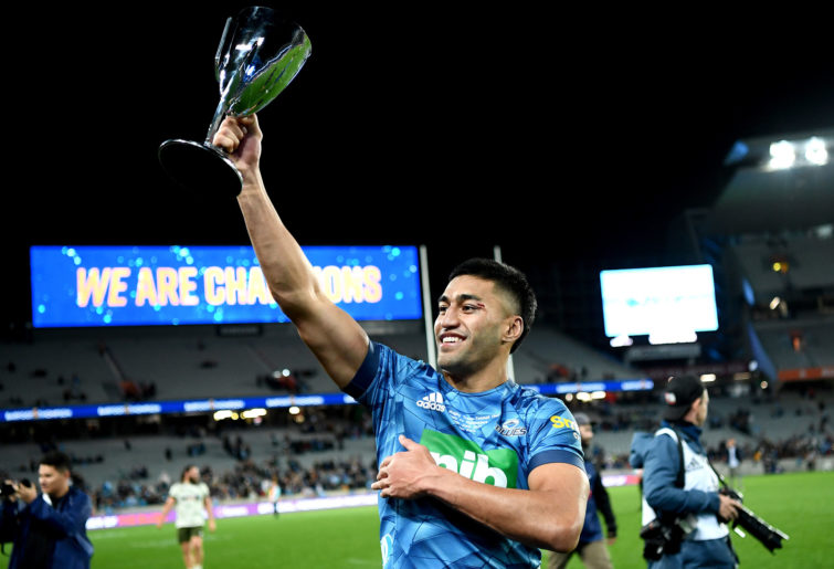 Rieko Ioane of the Blues celebrates after winning the Super Rugby Trans-Tasman Final match between the Blues and the Highlanders