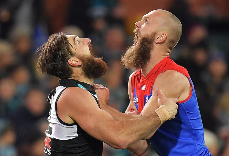 Charlie Dixon of the Power and Max Gawn of the Demons