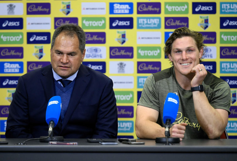 Dave Rennie and Michael Hooper speak to reporters following the Wallabies' first Test victory