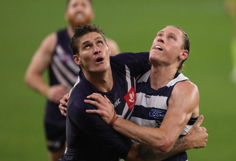 Rory Lobb of the Dockers and Mark Blicavs of the Cats dispute the ruck