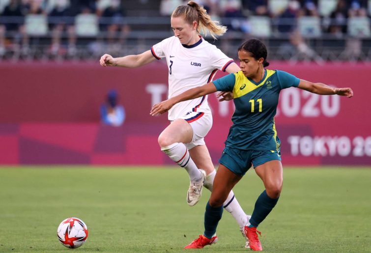 Mary Fowler #11 of Team Australia battles for possession with Samantha Mewis #3 of Team United States