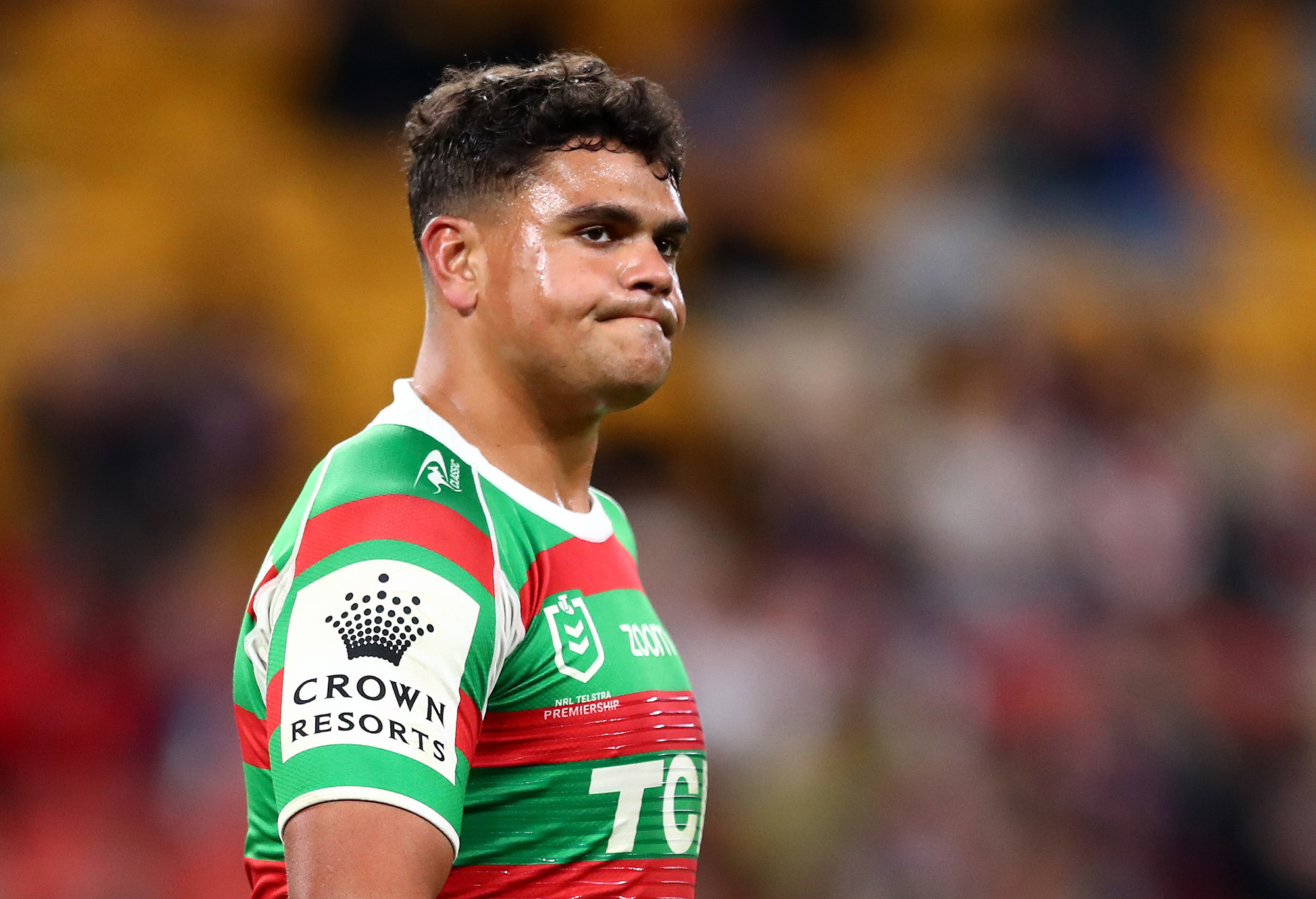 Rabbitohs' Latrell Mitchell reacts after being sent to sin-bin for a high tackle on Joseph Manu