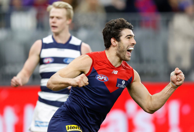 Christian Petracca of the Demons celebrates a goal