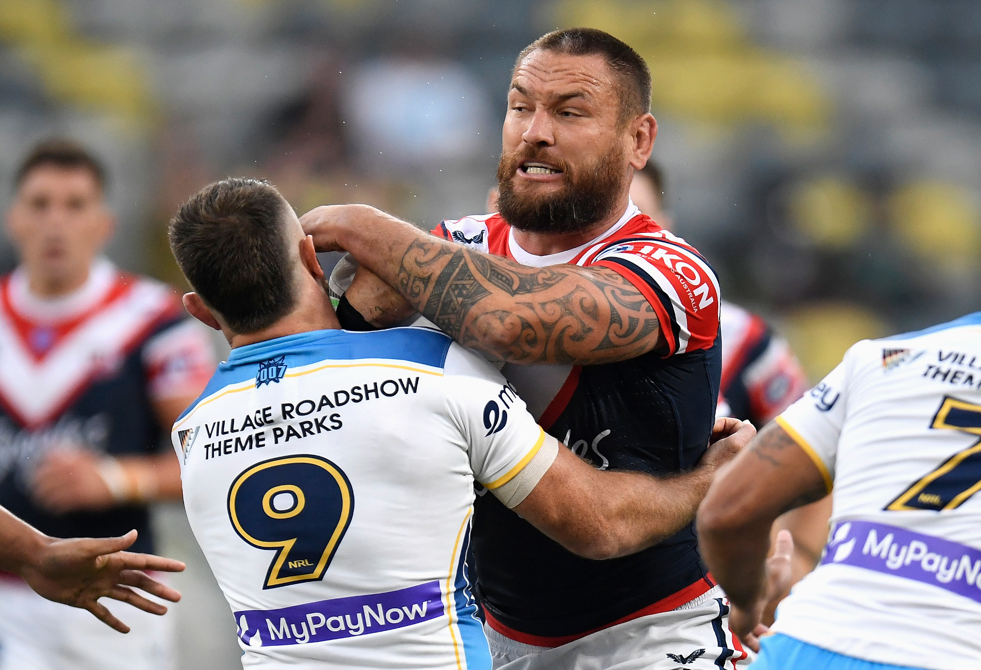Jared Waerea-Hargreaves of the Roosters is tackled during the NRL Elimination Final match between Sydney Roosters and Gold Coast Titans.