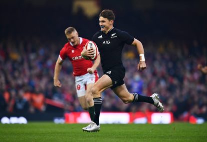 Beauden Barrett of New Zealand scores his sides opening try during the Autumn International match between Wales and New Zealand at Principality Stadium on October 30, 2021 in Cardiff, Wales. (Photo by Dan Mullan/Getty Images)
