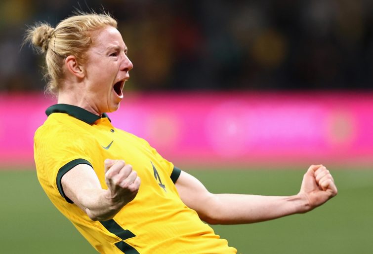 Clare Polkinghorne of the Matildas celebrates kicking a goal
