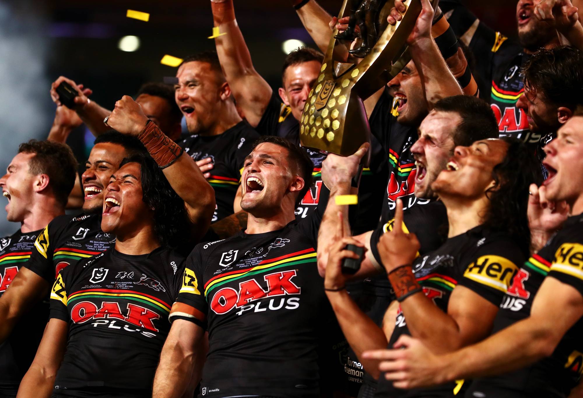 The Panthers celebrate with the NRL Premiership Trophy