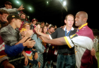 Wayne Bennett and Wendell Sailor celebrate a Broncos grand final victory.